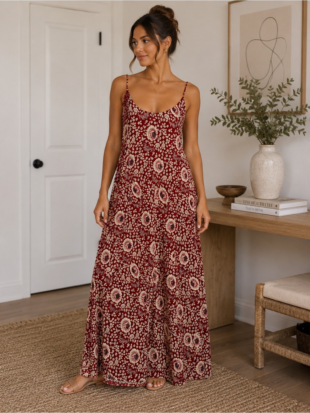 Natalie Martin Floral Maxi Dress Burgundy XS 100% Rayon Boho Luxe